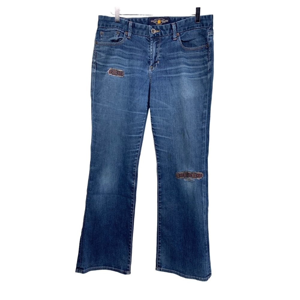 Lucky Brand Womans 12/31 The Sweet Jean Boot Ankle Patched Distressed Blue Cotto
